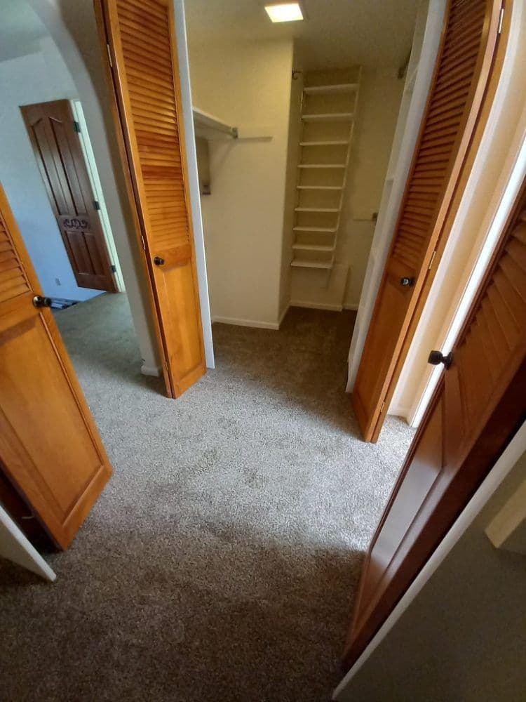 View of a carpeted hallway with two wooden doors leading to closets and shelves.